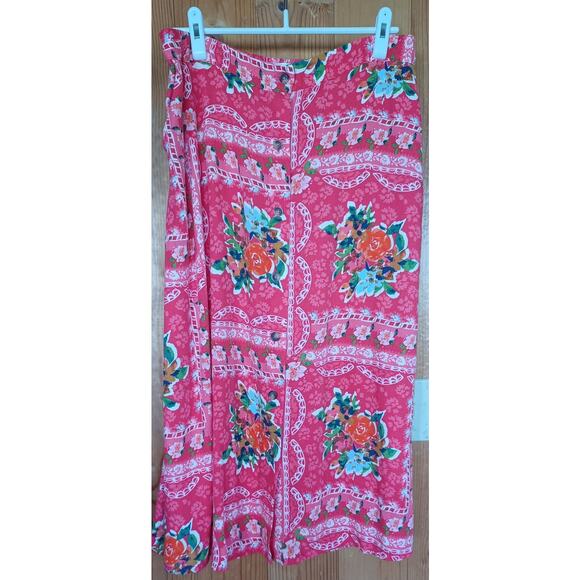 Lauren Conrad Red Floral Midi Skirt Linen Blend Women's 14 Elastic Waist Fairy - Picture 2 of 7